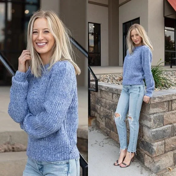 Scotch & Soda Alpaca Blend EUC Loose-Knit Puff Shoulder Heather Blue Sweater L - Picture 1 of 12